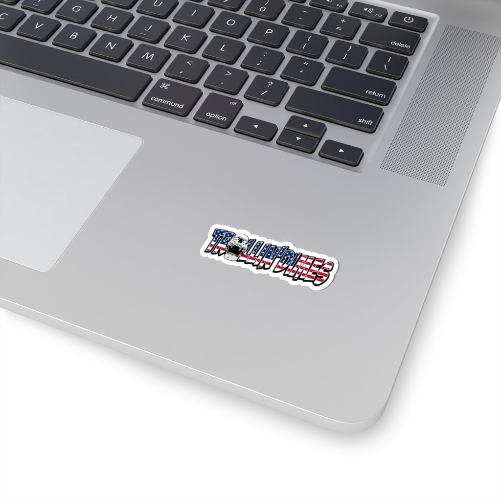 Trollin' Dimes American Flag Skull Sticker — Patriotic Humor Kiss-Cut Decal for Laptops, Water Bottles & Gear
